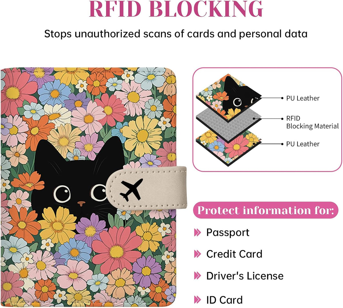 Passport Holder for Travel - Flowers Black Cat Passports Cover Wallet Case for Travel, PU Leather, RFID Passport Holder for Women Men, Passports Book Holders with Magnetic Closure