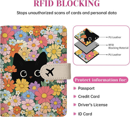 Passport Holder for Travel - Flowers Black Cat Passports Cover Wallet Case for Travel, PU Leather, RFID Passport Holder for Women Men, Passports Book Holders with Magnetic Closure