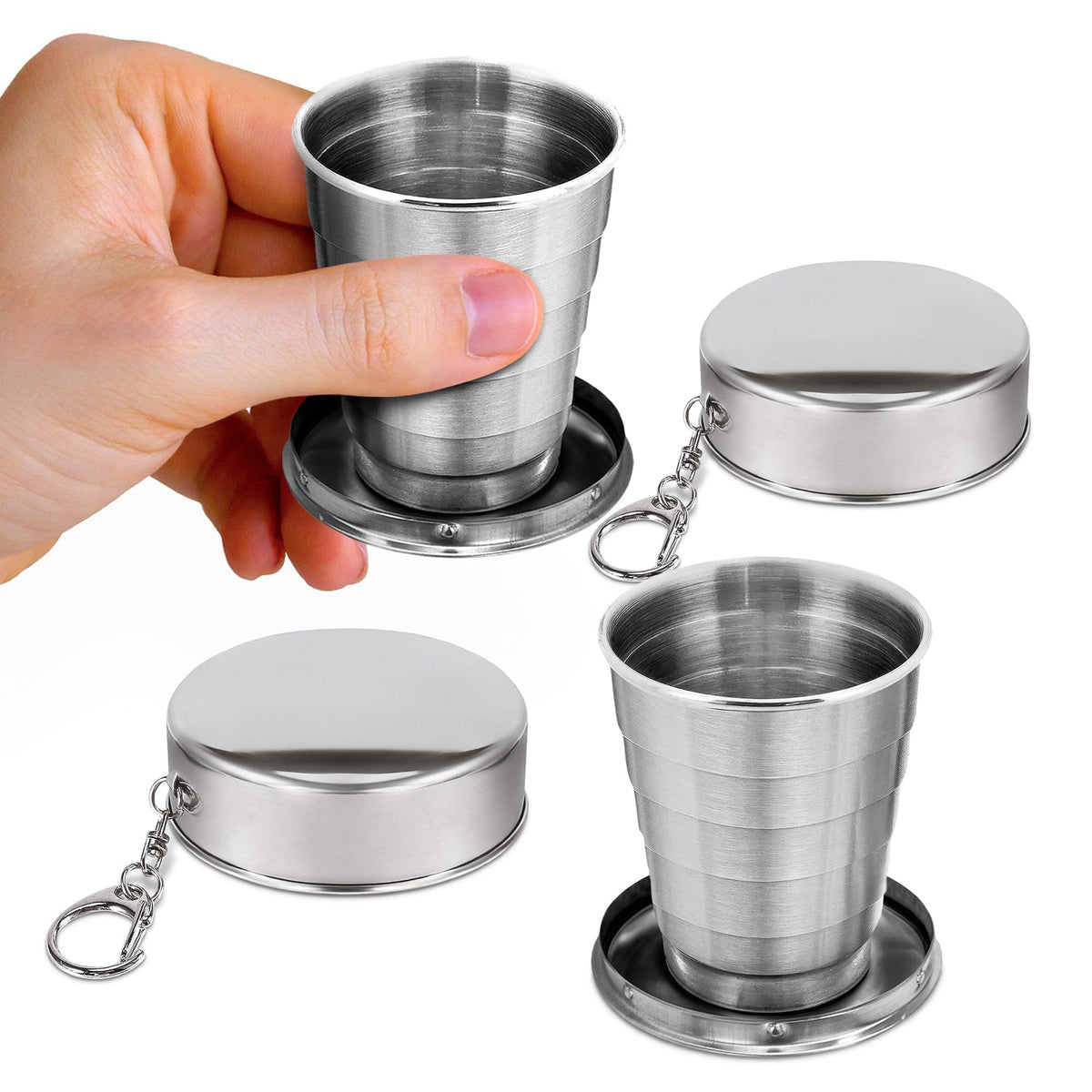 Collapsible Travel Cup with Lid 2.5Oz (75ml) - Leak-Proof Сollapsible Shot Glass Keychain, Highly Portable, Made of Rust & Bend Resistant Stainless Steel - Foldable Cup for Traveling, Fishing, Camping
