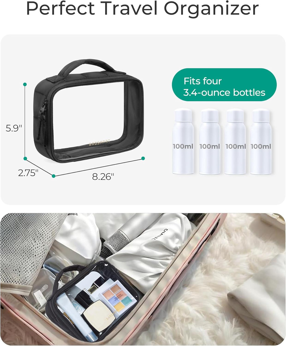 BAGSMART Puffy Clear Toiletry Bag, TSA-Approved & Wide-Open, 1-Pack, Black