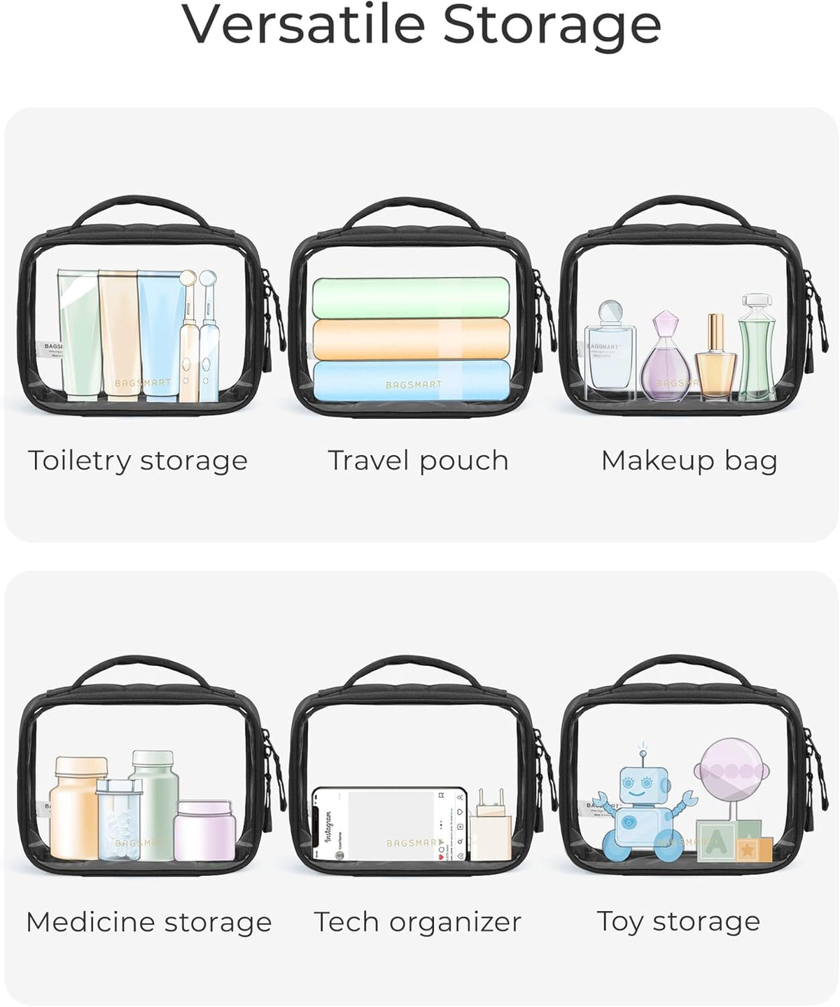 BAGSMART Puffy Clear Toiletry Bag, TSA-Approved & Wide-Open, 1-Pack, Black