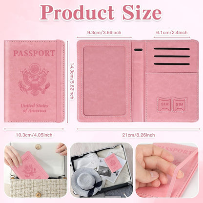 Passport Holder for Travel, RFID Blocking Passport Cover with Pen Holder Leather Passport Wallet Case Travel Must Haves Accessories Passport Book Card Holder for Family Travel Essentials Gifts, Pink