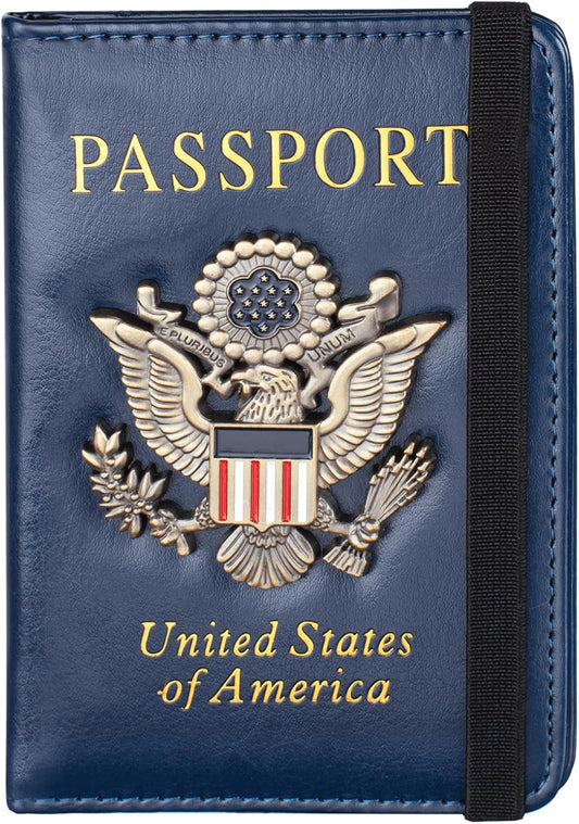 Passport Holder and Card Slot Combo RFID Blocking Leather Travel Passport Wallet for Men and Women US Passport Cover, Blue