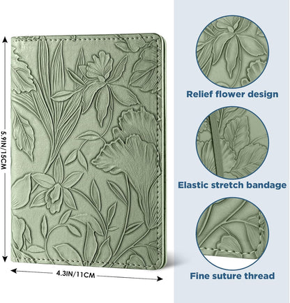 Passport Holder for Travel Essentials，Cute Embossed Floral Pattern RFID Blocking Leather Passport Wallet Cover，Essentials Items for Men and Women's Travel，Green