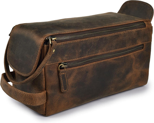 LEATHER VILLAGE Genuine Leather Toiletry Travel Bag For Men & Women, Brown