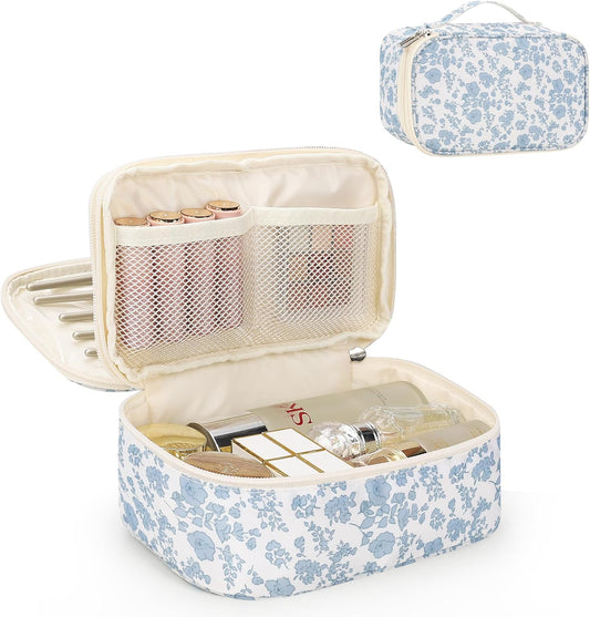 Relavel Travel Makeup Bag, Small Floral Cosmetic Bag with Handle for Trip