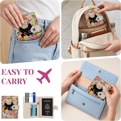 Passport Holder for Travel - Flowers Black Cat Passports Cover Wallet Case for Travel, PU Leather, RFID Passport Holder for Women Men, Passports Book Holders with Magnetic Closure