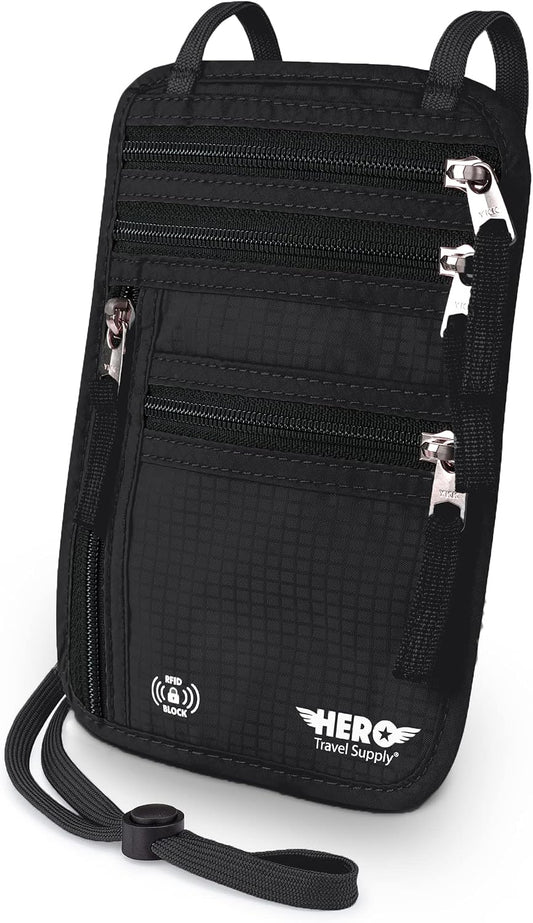 HERO Neck Wallet - RFID Blocking Passport Holder, Easy to Conceal Travel Pouch (Black)