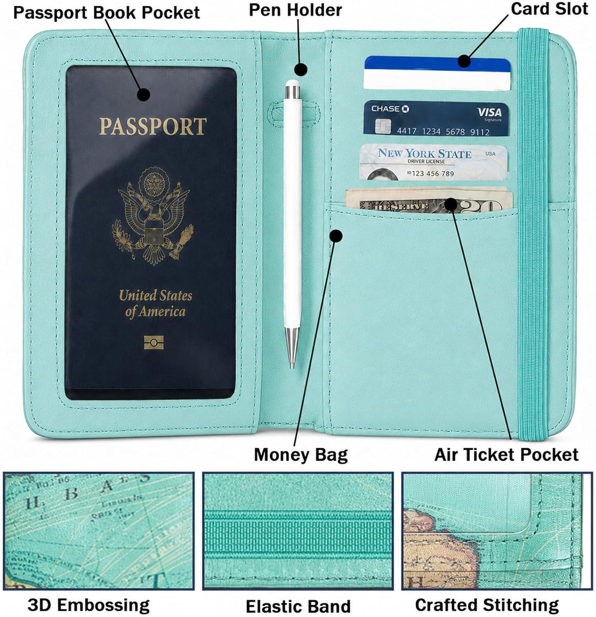 ZOPPEN RFID Blocking Passport Holder for Travel – PU Leather Waterproof Lightweight Passport Cover Wallet for Women Men, Travel Organizer with Card Slots for Airline Tickets & Passport Book, Map