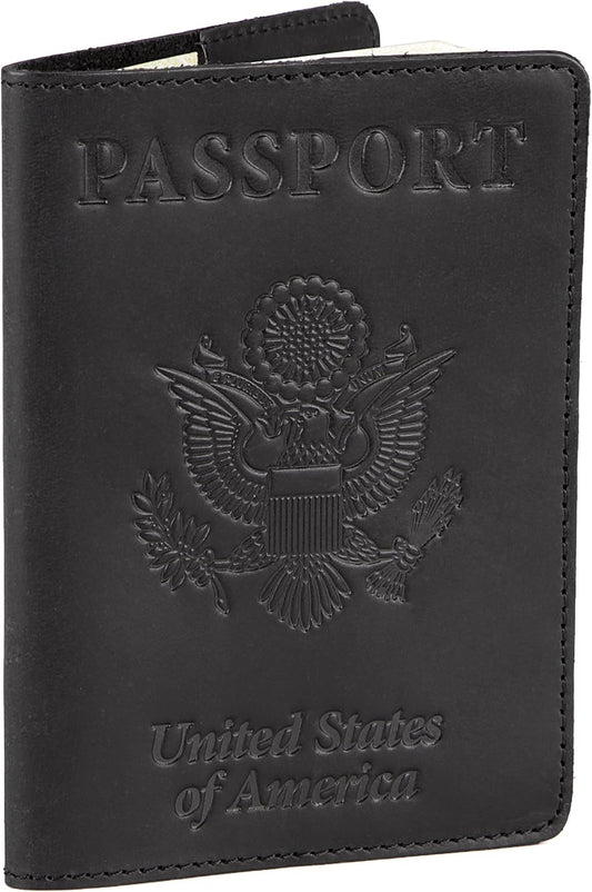Shvigel US Leather Passport Book Cover - Thin American Travel Passport Holder - Premium International USA Passport Protector Case for Women Men (Black Vintage)