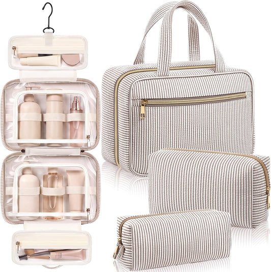 Sanwuta 3 Pcs Seersucker Toiletry Bag Set Stripe Makeup Bag, Khaki