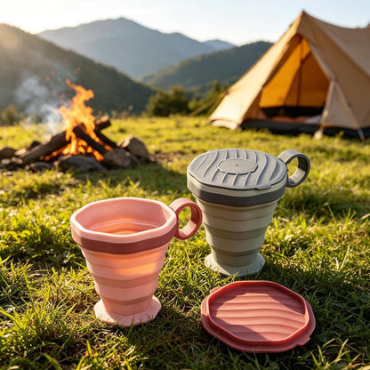 Pack of 2 foldable silicone cups, foldable travel cups with plastic lids, reusable portable cup set suitable for camping and hiking