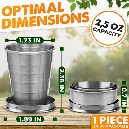 Collapsible Travel Cup with Lid 2.5Oz (75ml) - Leak-Proof Сollapsible Shot Glass Keychain, Highly Portable, Made of Rust & Bend Resistant Stainless Steel - Foldable Cup for Traveling, Fishing, Camping