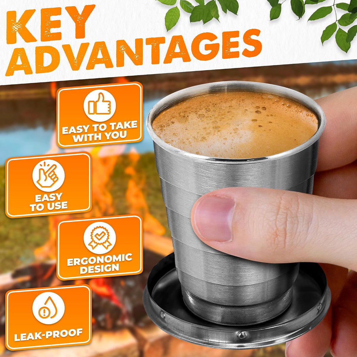 Collapsible Travel Cup with Lid 2.5Oz (75ml) - Leak-Proof Сollapsible Shot Glass Keychain, Highly Portable, Made of Rust & Bend Resistant Stainless Steel - Foldable Cup for Traveling, Fishing, Camping