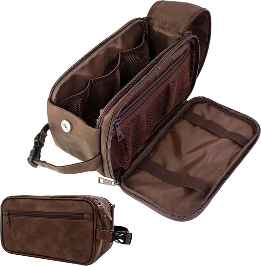 PAVILIA Toiletry Bag for Men, Travel Essentials Shaving Dopp Kit, Mens Travel Bag Toiletries Organizer Case for Grooming, PU Leather Water Resistant Cosmetic Bag Pouch (Dark Brown)