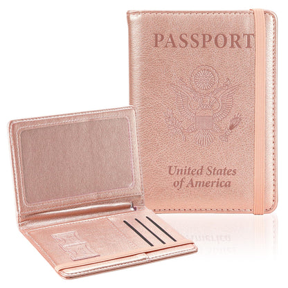 Passport Holder for Travel, RFID Blocking Passport Cover with Pen Holder Leather Passport Wallet Case Travel Must Haves Accessories Passport Book Card Holder for Family Travel Essentials Gifts, Pink